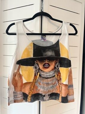 White Graphic Crop Tank Top with Bold Art Print by rage on